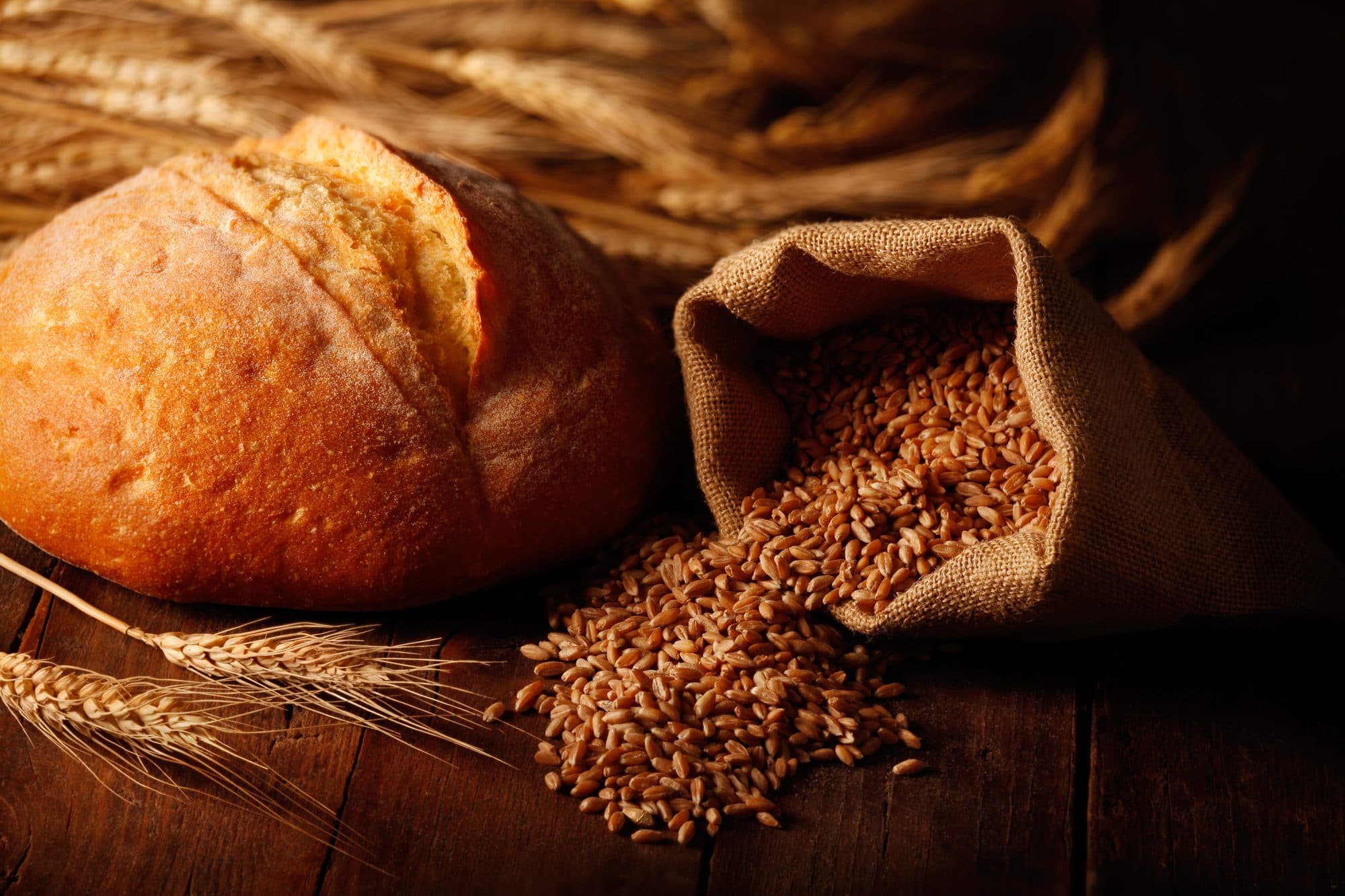 Pain de campagne doré et grains de blé sur planche en bois — Boulangerie R.C. Audergon, Charmey